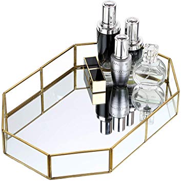 Hipiwe Gold Mirrored Makeup Tray Gold Metal Decorative Jewelry Tray Vanity Cosmetic Perfume Organizer for Dresser, Bathroom, Bedroom,Home Decor (Big)