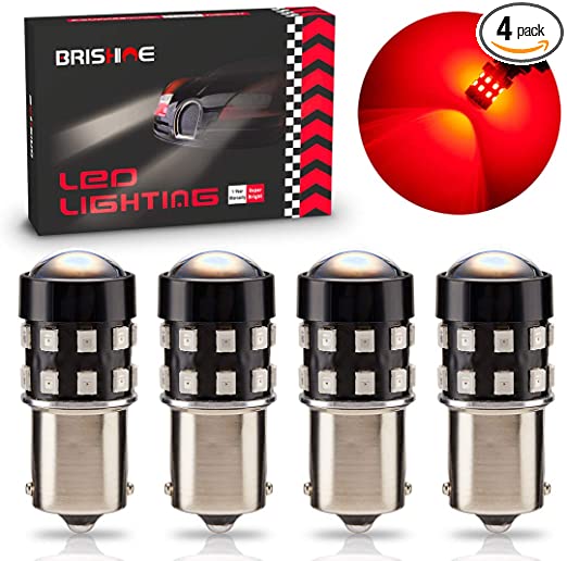 BRISHINE 4-Pack Super Bright 1156 1073 1141 7506 BA15S LED Bulbs Brilliant Red 9-30V Non-Polarity 24-SMD LED Chipsets with Projector for Brake Tail Lights, Turn Signal Lights