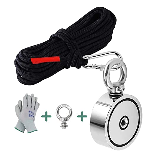 MHDMAG Double Sided Fishing Magnet with 65FT Rope and Gloves. 880lbs Combined Pulling Force Retrieval Magnet Fishing Kit with Neodymium Rare Earth Magnet Heavy Duty for Fishing and Salvage Underwater