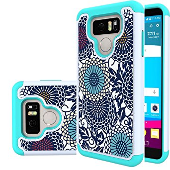 LG G6 Case,Suensan Dual Layer Armor Defender Protective Shock Absorbing with Hybrid Soft silicone and Hard PC Design Cover for LG G6 (Blue flowers)