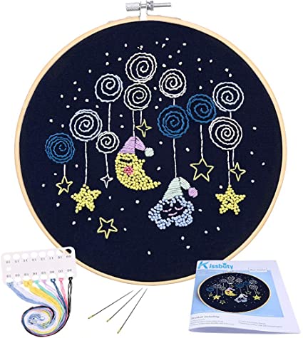 Full Range of Embroidery Starter Kit with Pattern, Kissbuty Cross Stitch Kit Including Stamped Embroidery Cloth with Pattern, Bamboo Embroidery Hoop, Color Threads and Tool Kit (Starry Sky)