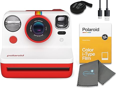 Polaroid Gen 2 Now I-Type Instant Film Camera - Red Bundle with a Color i-Type Film Pack (8 Instant Photos) and a Lumintrail Cleaning Cloth