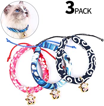 KITAINE Cute Chirimen Kimono Cat Collar with Bell for Kitten Puppy Pets 3-Pack Christmas Halloween New Year Use, Adjustable Cat Collars with Kitty Fortune Bell Japanese Style