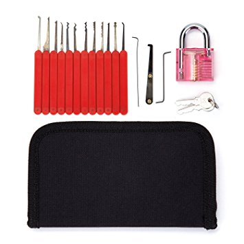 15-Piece Premium Practice Lock Pick Set with red silicone handle sleeve   red transparent lock