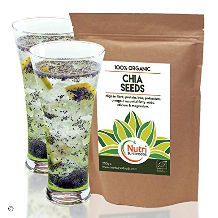 ORGANIC Chia Seeds | Vegan Plant Protein for Energy Boost | High Performance Superfood for Endurance | Add to Power Smoothies | Supports Bones and Stabilises Blood Sugar | 250g | By Nutri Superfoods