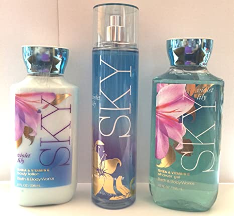 3 Piece Bath & Body Works Sky Violet Lily Fragrance Gift Set- Fragrance Mist, Shea Enriched Shower Gel and Body Lotion (Sky)