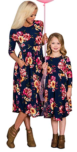 Family Matching Flower Print O-Neck Long Sleeve Midi Dress Mommy Me High Waist Spring Fall Dress with Pockets