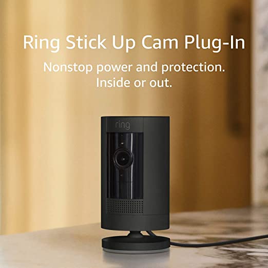 Ring Stick Up Cam Plug-In HD security camera with two-way talk, Works with Alexa - Black