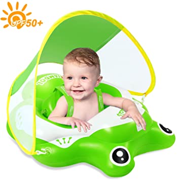 Hamdol Inflatable Baby Swimming Float Ring - Baby Pool Floatie Baby Water Float Infant Swim Pool Rings with Safe Bottom Support & Swim Buoy Float for Toddler Kid Age 3-30 Months Frog Floaty Large