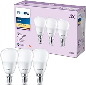 Philips - Bombilla LED esférica, 4.9W (Eq. 40W) 470 lúmenes, casquillo E14, Luz Blanca Cálida (2700k) - Pack 3 Bombillas