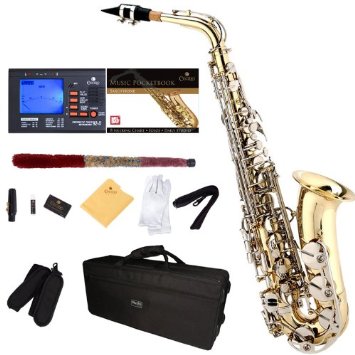 Mendini by Cecilio MAS-LN92DPB Gold Lacquer and Nickel Plated Keys E Flat Alto Saxophone with Tuner Case Mouthpiece 10 Reeds and More