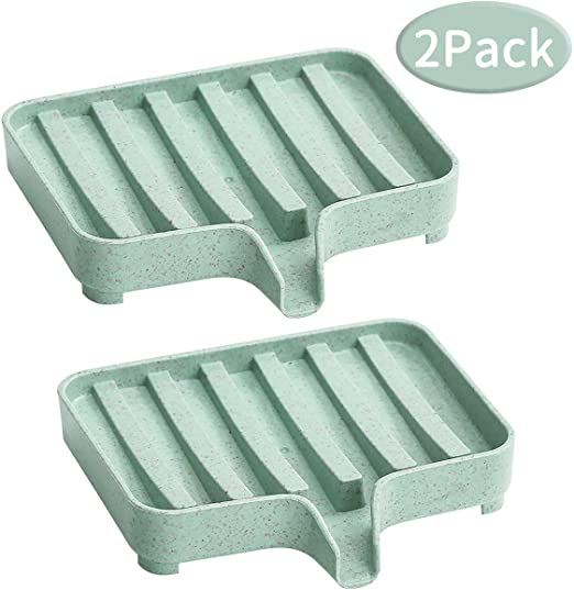 TOPSKY 2Pack Soap Dishes Waterfall, Soap Trays with Drain, Self Draining Soap Saver, Soap Holders for Bathroom and Kitchen (Green)