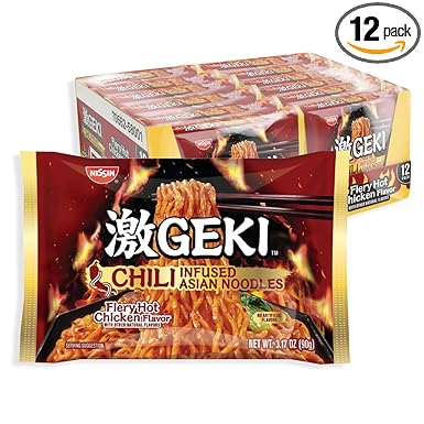 Nissin Geki Chili Infused Asian Noodles, Fiery Hot Chicken Flavor, 3.17 Ounce (Pack of 12)