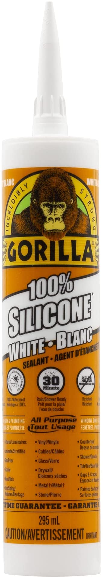 Gorilla White 100 Percent Silicone Sealant Caulk, All Purpose, Waterproof, Mold & Mildew Resistant, 10oz/295ml Cartridge, White, (Pack of 1), 8160002