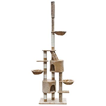 Festnight Plush Multi-Level Cat Tree with Scratching Post Stair and 2 Condo Adjustable Height 90”-102” Pet Play House Kitten Activity Tower Furniture