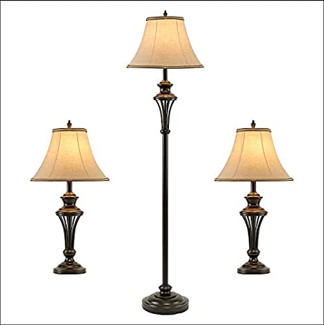 Smeike 3 Pack Lamp Set (2 Table Lamps, 1 Floor Lamp), 3-Piece Vintage Style Table and Floor Lamp Set in Bronze Finish with Brown Fabric Lamp Shades, 26" and 61"(H), Solid Iron