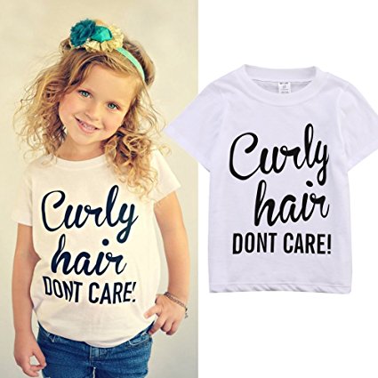 Kids Toddler Baby Girls "Curly Hair Don't Care" Print Summer White T-shirt Tops Outfit
