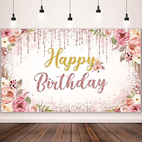 Rose Gold Happy Birthday Backdrop for Girls Women Pink and Gold Birthday Party Decorations Supplies Floral Rose Gold Glitters Banner for Sweet Girls Women Birthday Party Favors Photography Background