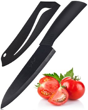 Topbest Professional Ceramic Chef Knife 7-inch Black Blade Antiskid Soft Handle with Sheath for Cutting Fruits Vegetables and Meat - Essential Kitchen Knife for Making Delicious Food