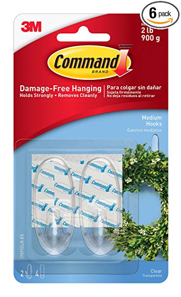 Command Hooks, Medium, Clear, 2-Hook, 6-Pack