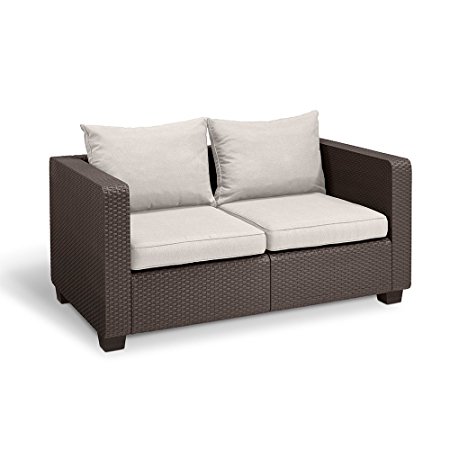 Keter Salta All Weather Outdoor Patio Furniture Loveseat 2-Seater with Sunbrella Cushions in a Resin Plastic Wicker Pattern, Rich Brown