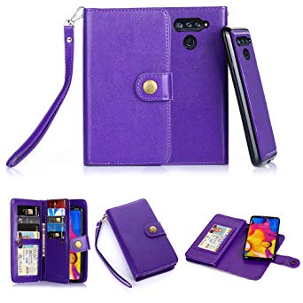 LG V40 Thinq Case, LG V40 Case, 10 Card Slot - ID Slot, Button Phone Wallet Cover Folio PU Leather Case Cover with Detachable Magnetic Hard Case - Purple