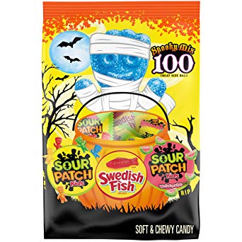 Original SOUR PATCH KIDS, SOUR PATCH KIDS Watermelon & SWEDISH FISH Halloween Candy Variety Pack, 100 Trick or Treat Size Packs