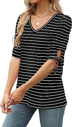 Aokosor Womens Summer Tops V Neck T Shirts Tie Elbow Sleeve Tops Loose Casual Tshirts