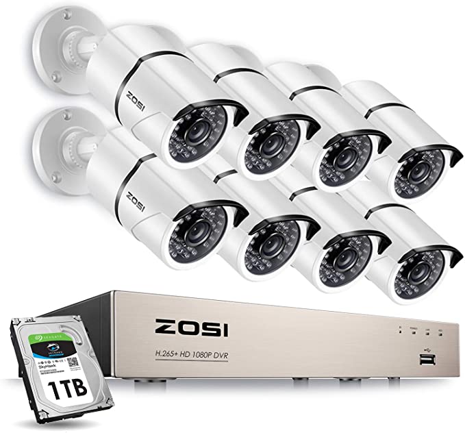 ZOSI 8CH 1080P Security Camera System Outdoor with 1TB Hard Drive,H.265  8Channel 1080P CCTV Recorder 8pcs HD 1920TVL Home Surveillance Cameras with 120ft Night Vision Easy Remote Access Motion Alert