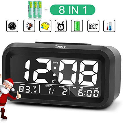 Digital Alarm Clock Bedside Battery Operated for Kids Snooze Non Ticking Smart Controllable Backlight Travel Simple Setting Progressive Clock Large LED Display Black Glass Screen(3 Batteries Included)