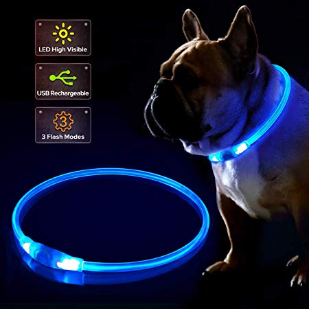 LED Dog Collar, USB Rechargeable Flashing Light Up Collar for Safety at Night, Adjustable Water Resistant Bright Lighted Collar for Small Medium Large Dogs