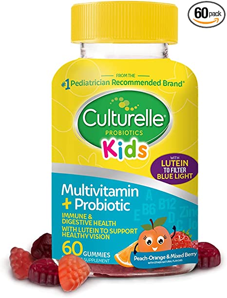 Culturelle Kids Multivitamin   Probiotic Gummies, Digestive   Immune Support*, with Lutein to Support Healthy Vision*, Peach-Orange & Mixed Berry Flavor, Gluten Free & Vegan, 60 Count