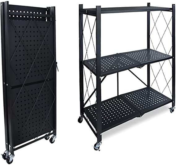 Karlling Storage Shelves with Wheels,3 -Tier Foldable Heavy Duty Shelves Kitchen Organizer Shelves Wheel Casters,Garage Metal Organizer Wire Rack(Black)