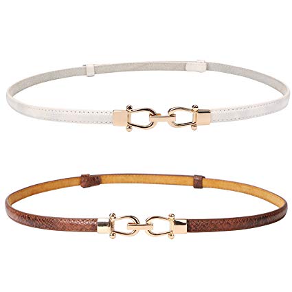 Leather Skinny Women Belt Thin Waist Belts for Dresses Up to 37" with Interlocking Buckle 2 Pack