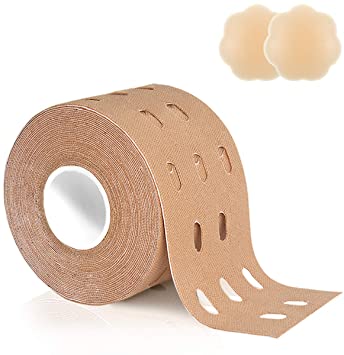 Niidor Boob Tape Breathable Backless Breast Lift up Tape Athletic Adhesive Push up Bra for Backless Dress with Nipple Cover(Nude-Hole-1.97IN)