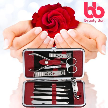 Manicure, Pedicure Kit, Nail Clippers Set of 10, Stainless Steel Manicure Tools Kit with Portable Travel Case, All in One Beauty Care Tools, By Beauty Bon®