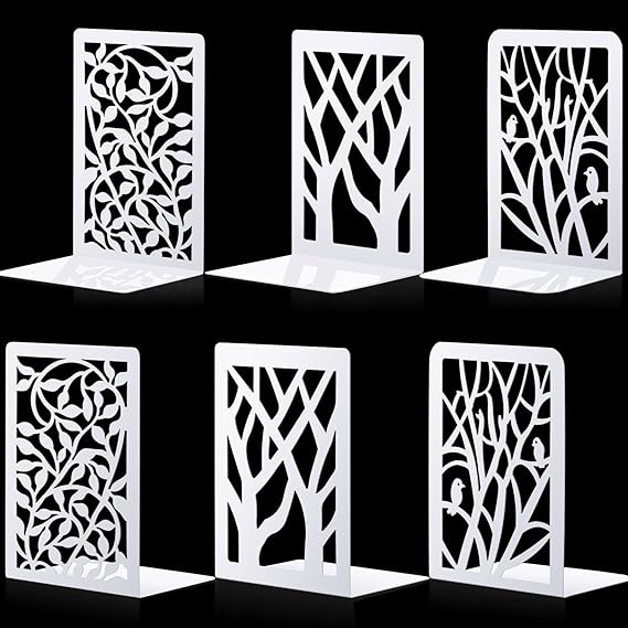 3 Pairs Metal Bookends for Shelves Decorative Tree Book Holder Leaf Bookends Geometrical Art Design Book Stopper for Book Divider Decorative Holder, Home, Office, School Supplies (Tree Shadows, White)