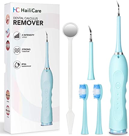 Electric Sonic Dental Calculus Plaque Remover with LED, HailiCare Tooth Polisher Scraper Stain Tartar Remover with 4 Adjustable Modes Teeth Cleaning Tool Kit- 4 Replaceable Clean Heads, Mouth Mirror