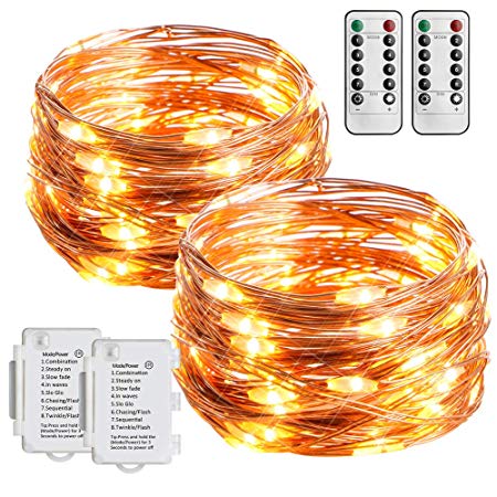 STARKER 2 Pack Outdoor String Light Battery Operated String Lights 16ft 50 Led Waterproof Decorative Copper Wire Lights for Gardens, Gate, Yard, Party, Wedding, Christmas [Remote and Timer]