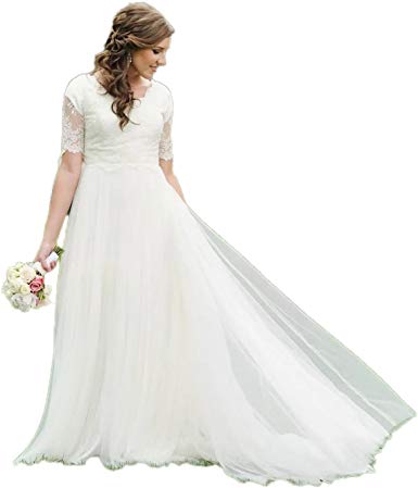 Automan A-Line Lace Tulle Beach Modest Wedding Dresses Garden Bridal Gowns Plus Size