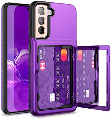 WeLoveCase for Samsung Galaxy S21 Wallet Case with Credit Card Holder & Hidden Mirror, Defender Protective Shockproof Heavy Duty Protection Phone Cover for Samsung Galaxy S21 5G, 6.2 inch Purple