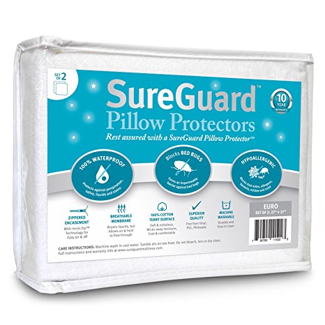 Set of 2 Euro Size SureGuard Pillow Protectors - 100% Waterproof, Bed Bug Proof, Hypoallergenic - Premium Zippered Cotton Terry Covers - 10 Year Warranty