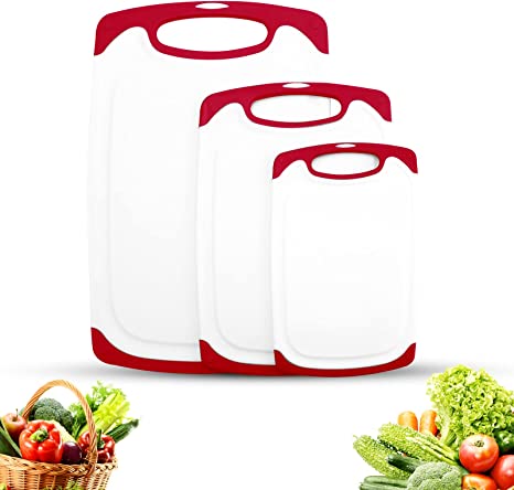 Cutting Boards Plastic (3-Piece) Kitchen Cutting Board Set Dishwasher Safe, Juice Grooves, Non Slip, BPA Free Chopping Boards Planche A Decouper Red
