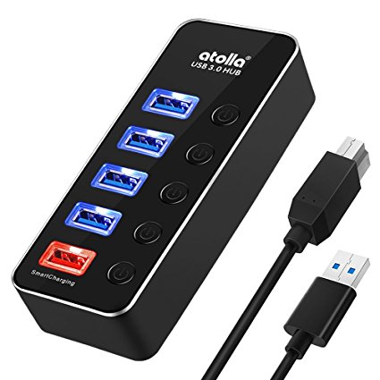 atolla USB Hub Aluminum USB 3.0 Hub 4-Port SuperSpeed USB 3.0 & 1 Fast Charger Port with Individual On Off Switch Heavy Duty Detachable 39-inch USB Extension Cord w/o Power Adapter (D2)
