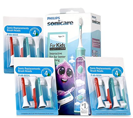 Philips Sonicare for Kids Rechargeable Electric Toothbrush HX6321/02 Bundle with Sonic Kids Replacement Toothbrush Heads HX6034 Pack of 3 Compatible with All Kids Sonicare Models - 4 Items