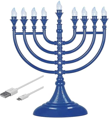 Aviv Judaica Traditional LED Hanukkah Menorah Powered by Battery or USB Chanukiah Electric Menorah 4' Micro USB Cable Included - Electronic Chanukah Candles Minorah Lighted Hanukah Decorations (Blue)