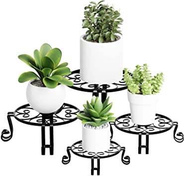 POTEY 4 Pcs Metal Plant Stands for Indoor & Outdoor Plants, Flower Pot Planter Holder, Metal Rustproof Iron Garden Container Round Supports Rack 9"/10”/11"/12“ (Black)