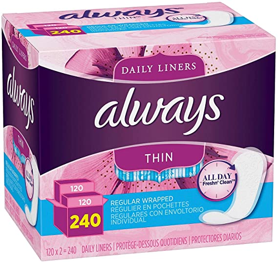 Always Thin Daily Liners, Regular Absorbency, Unscented, Wrapped, 240 Count Pack of 2,(480 Count Total)