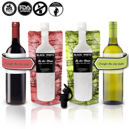 (2) On The Move Travel Foldable Wine Bottle To Go Flask Premium Kit W/ Perfect Pour® Spout Cap Heavy Duty Plastic Collapsible Flask For Wine - Holds Full 750 ml Bottle - Double Pack