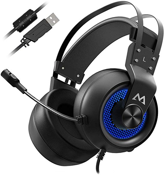 Mpow Gaming Headset, Virtual 7.1 Surround Sound Gaming Headset, 50mm Driver, Stereo USB Headset with Noise Cancelling Mic, Over Ear Soft Memory Earmuff, LED Light, Compatible with PC, PS4 (Black Blue)